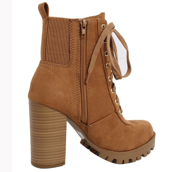 Size 9 Tan Faux Suede Lace Up Stacked Block Heel - Picture 6 of 8